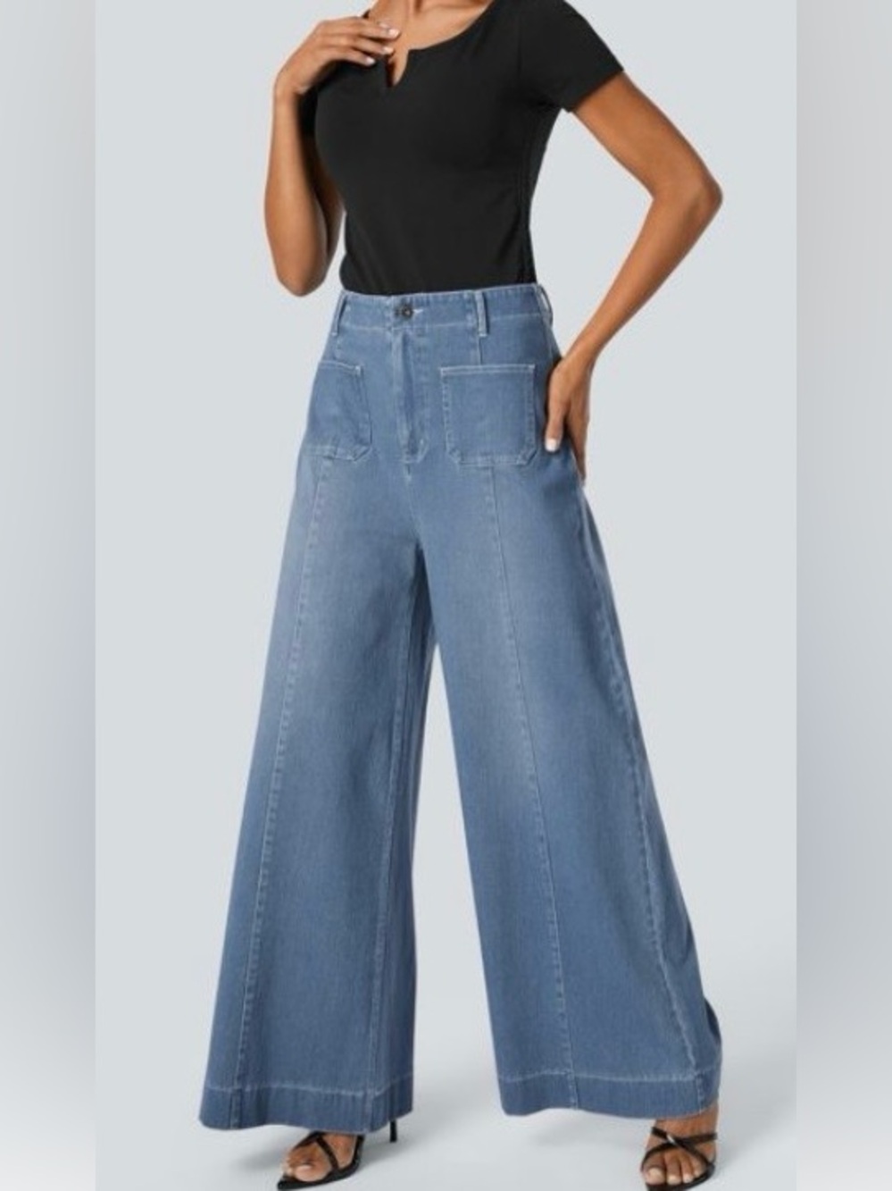 XSMALL (TALL).   HALARA FLEX STRETCH  FRONT POCKET WIDE LEG DISTRESSED JEANS